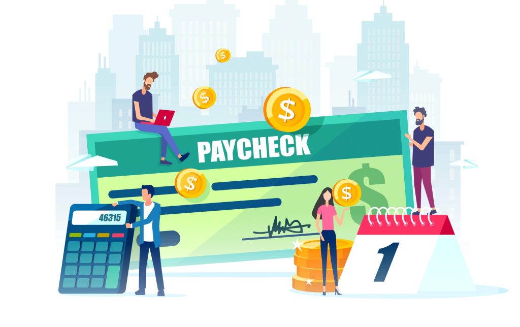 Salary and payroll concept. Vector of employees, calendar with payday and a paycheck